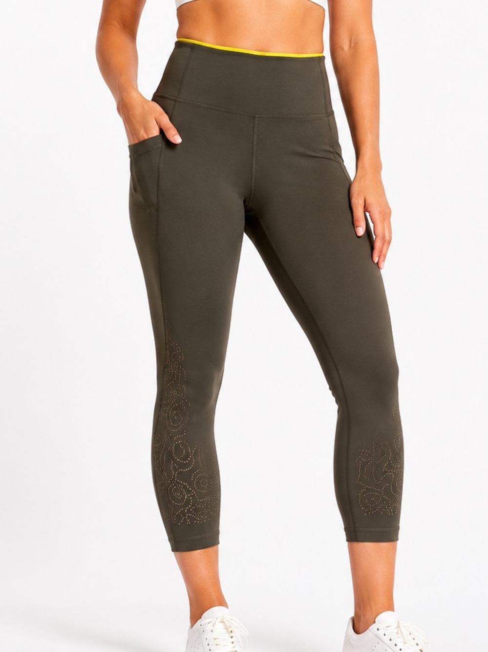 Athleta Army Green Laser Cut Crop Leggings Large Pockets
